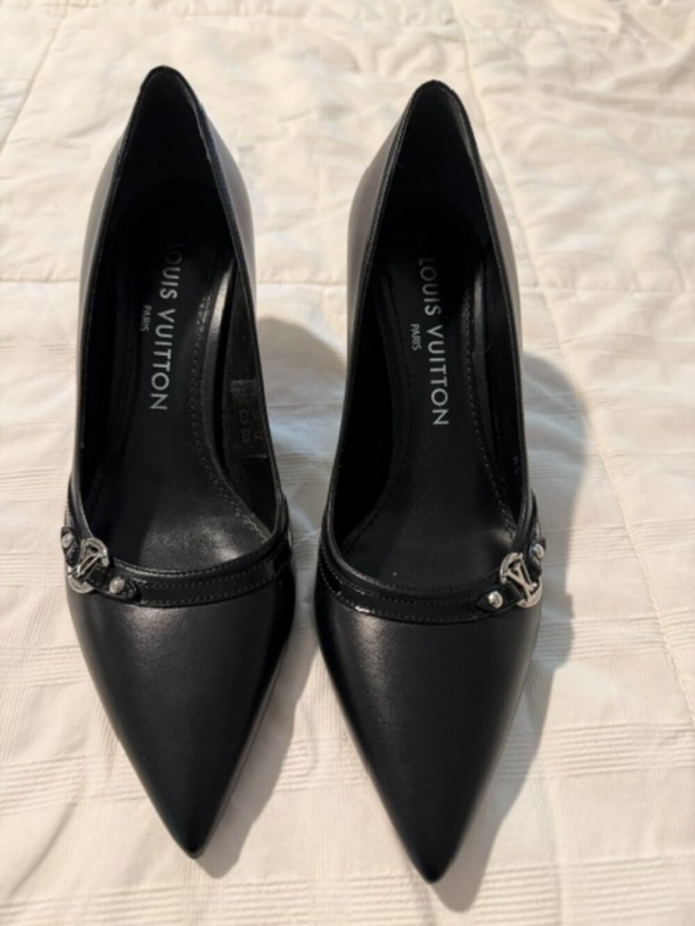 Louis Vuitton Black Heels with Silver LV